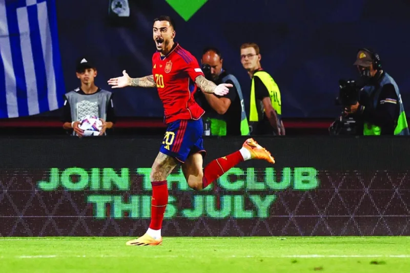 
Spain’s Joselu celebrates after scoring his team’s second goal during the UEFA Nations League semi-final match against Italy at the De Grolsch Veste Stadium in Enschede. (AFP) 