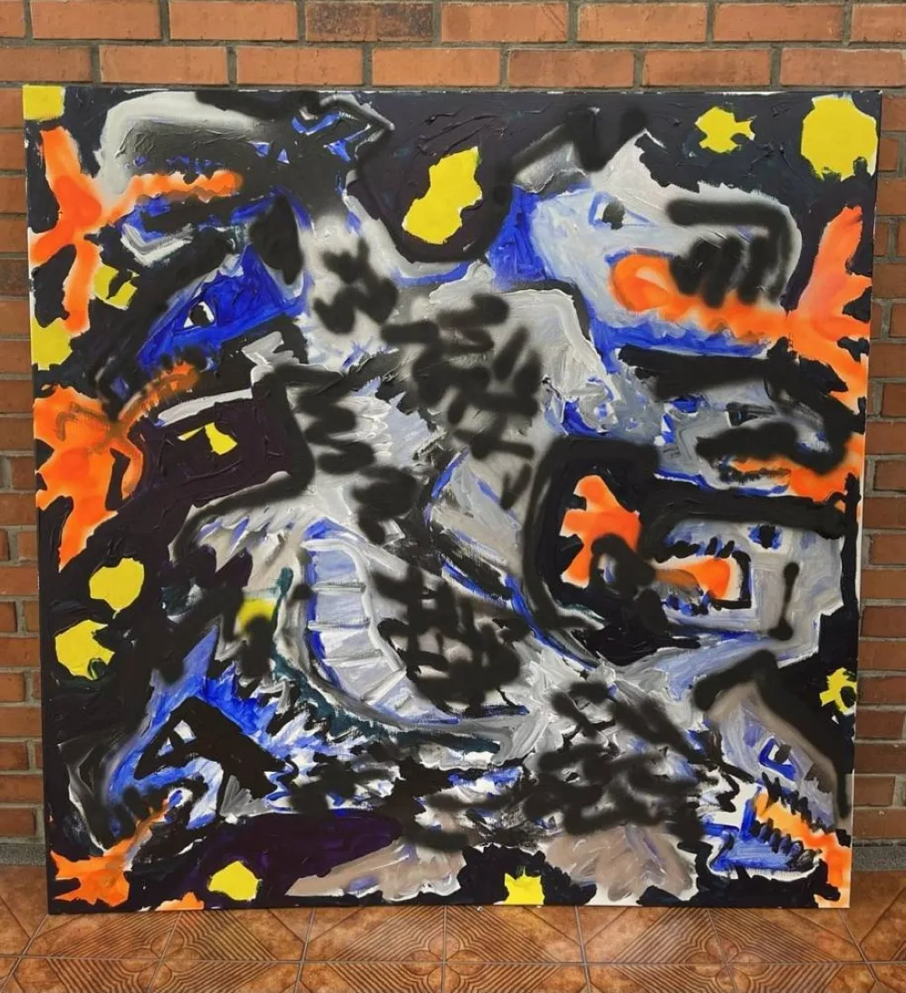 Leviathan Awakens:  Acrylic, Spray, and Leather Paint on Canvas. 48 x 48 inches
