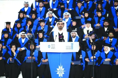 The Class of 2023 valedictorian, Abdullah al-Ahmadi, holder of the President’s Award for Academic Excellence, addressing the gathering yesterday.