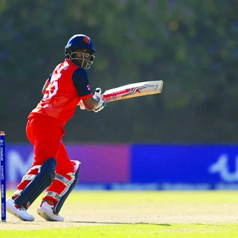 Teja Nidamanuru of the Netherlands during his innings of 111 in the ICC World Cup qualifier against West Indies in Harare, Zimbabwe, on Monday. (@KNCBcricket)