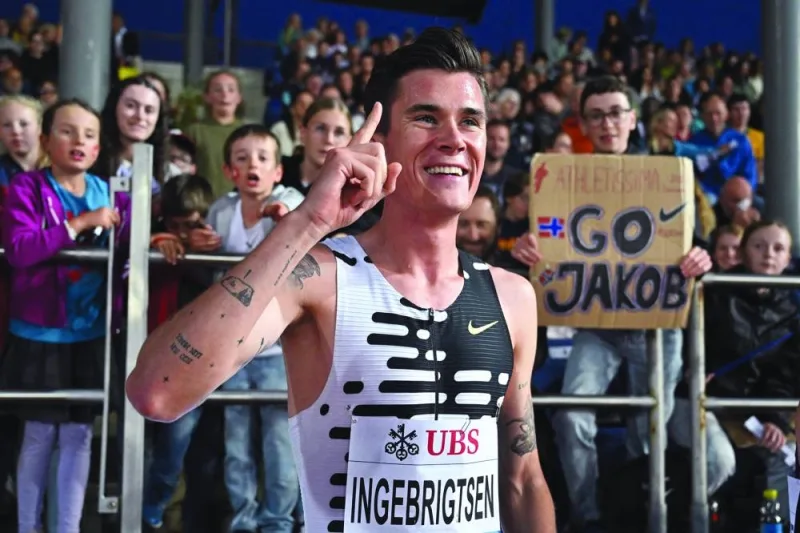 
Norway’s Jakob Ingebrigtsen celebrates winning men’s 1,500m event during the IAAF Diamond League “Athletissima” athletics meeting in Lausanne. (AFP) 