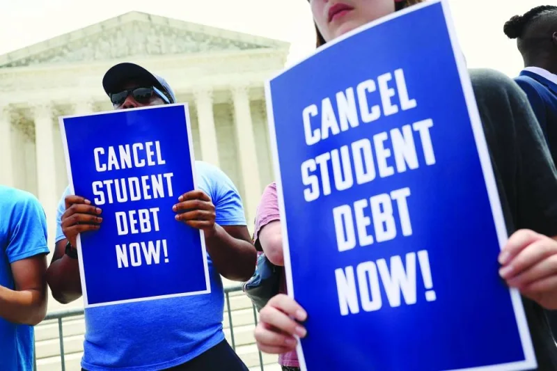 This picture taken on Friday shows student debt relief activists at a rally at the US Supreme Court in Washington, DC.