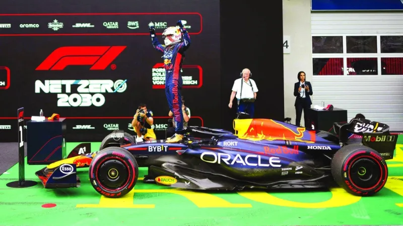 Red Bull Racing’s Dutch driver Max Verstappen (also inset) celebrates after winning the Austrian Grand Prix at the Red Bull race track in Spielberg, Austria, on Sunday. (AFP )