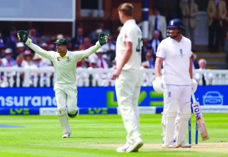 Australia’s Alex Carey celebrates after running out England’s Jonny Bairstow at Lord’s on Sunday. (Reuters)
