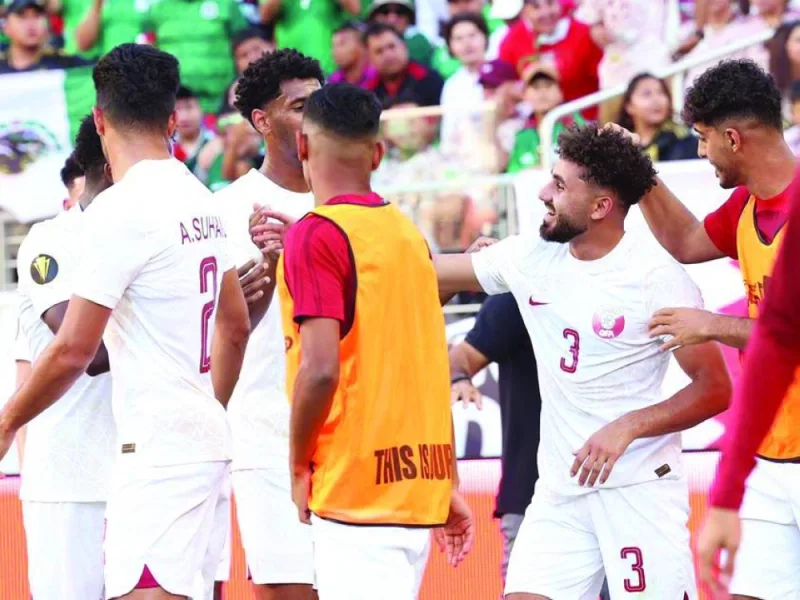 Qatar’s Hazem Shehata (second right) is congratulated by teammates after he scored a goal against Mexico in the first half of the Group ‘B’ match of 2023 CONCACAF Gold Cup at Levi’s Stadium in Santa Clara, California.