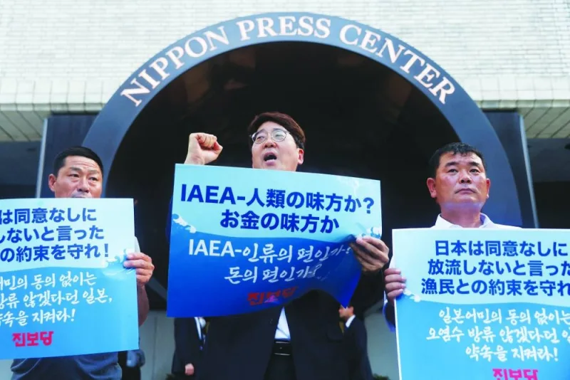 South Korean politician and fishermen protest, denouncing Japan’s Fukushima water release before the news conference by International Atomic Energy Agency (IAEA) chief Rafael Grossi (not in picture) outside Nippon Press Center building in Tokyo, Japan, yesterday.