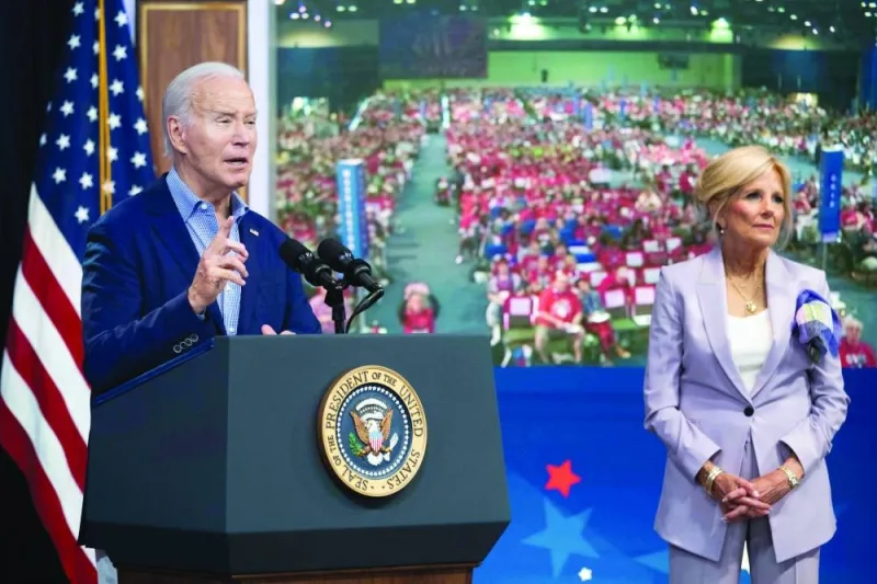 
US President Joe Biden and First Lady Jill Biden speak to the National Education Association Annual Representative Assembly virtually from the Eisenhower Executive Office Building in Washington, DC yesterday. (AFP) 