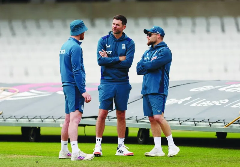 England’s James Anderson (centre) with Ben Stokes (left) and head coach Brendon McCullum during practice at Headingley, Leeds, Britain, yesterday. (Reuters)