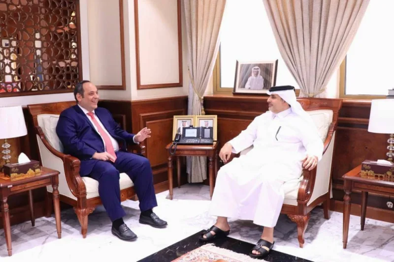 HE the Minister of Municipality Dr Abdullah bin Abdulaziz bin Turki al-Subaie meets with the visiting Secretary General of the Bureau International des Expositions (BIE) Dimitri Kerkentzes.