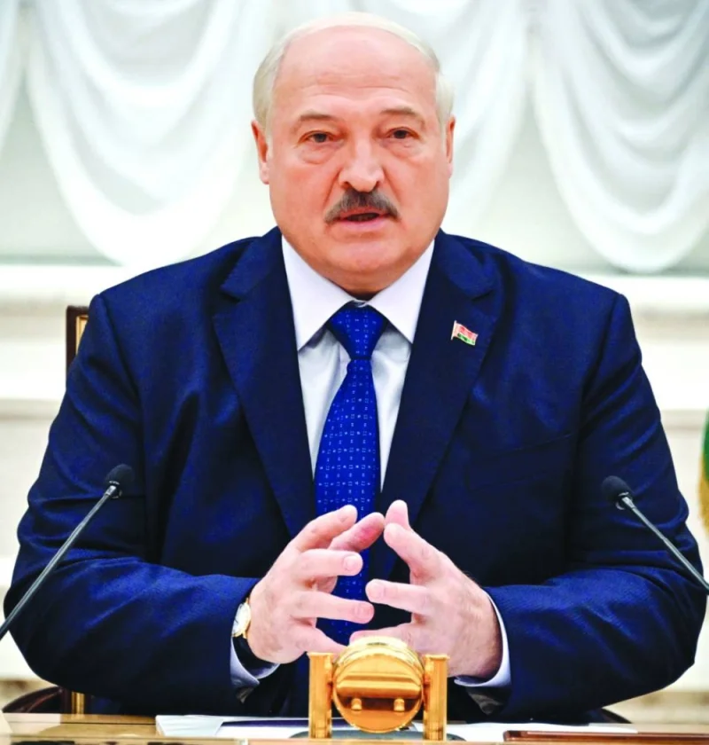 Belarus’ President Alexander Lukashenko speaks as he meets with foreign media at his residence, the Independence Palace, in Minsk on Thursday. (AFP)