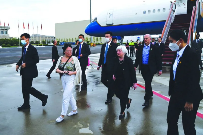 US Treasury Secretary Janet Yellen arrives at Beijing Capital International Airport in Beijing, China, on Thursday.