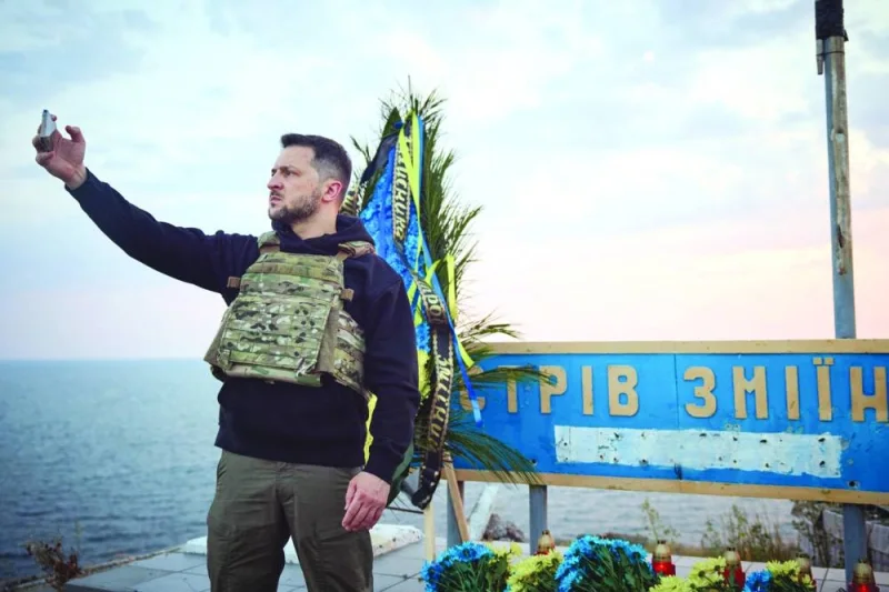
In this photograph released by the Ukrainian Presidency yesterday, Ukraine’s President Volodymyr Zelensky takes a selfie during his visit to Snake Island (Zmiinyi Island), Odesa region. (AFP) 