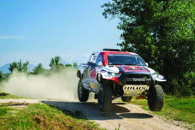 
Qatar’s Nasser Saleh al-Attiyah (also inset) and Andorra-based co-driver Mathieu Baumel in their Toyota Hilux during the Italian Baja, round three of the 2023 FIA World Cup for Cross-Country Bajas.
 