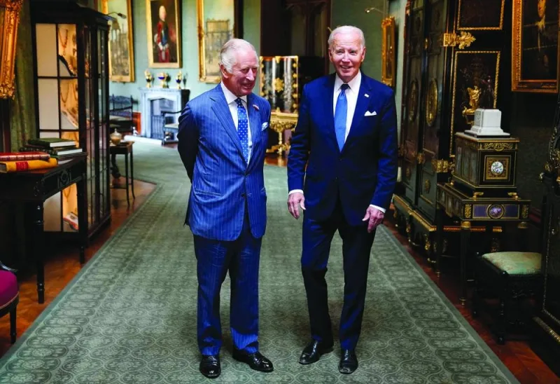 
British Prime Minister Rishi Sunak meets with US President Biden at 10 Downing Street in London. Britain’s King Charles III and US President Joe Biden pose in the Grand Corridor at Windsor Castle in Windsor, yesterday.  