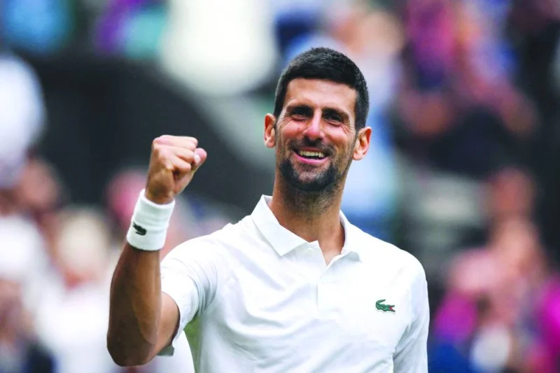 Serbia&#039;s Novak Djokovic celebrates winning against Russia&#039;s Andrey Rublev during their men&#039;s singles quarter-finals tennis match at The All England Tennis Club in Wimbledon, southwest London, on July 11, 2023. (AFP)