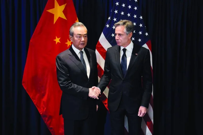 US Secretary of State Antony Blinken (right) shakes hands with director of the office of the foreign affairs commission of the Communist Party of China’s central committee Wang Yi during their bilateral meeting on the sidelines of the Association of Southeast Asian Nations foreign ministers’ meeting in Jakarta on Thursday.