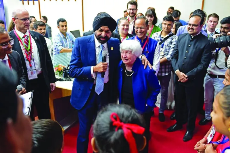 
World Bank chief Ajay Banga (centre left) and US Treasury Secretary Janet Yellen (centre right) interact with students at a school on the sidelines of a G20 finance ministers’ summit in Gandhinagar, Gujarat, yesterday. 
