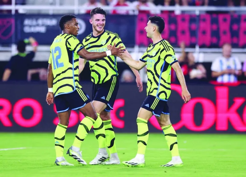 
Arsenal’s Gabriel Martinelli (right) is congratulated by teammates Declan Rice (centre) and Jurrien Timber after scoring against the MLS All Stars in Washington, DC on Wednesday. (AFP) 