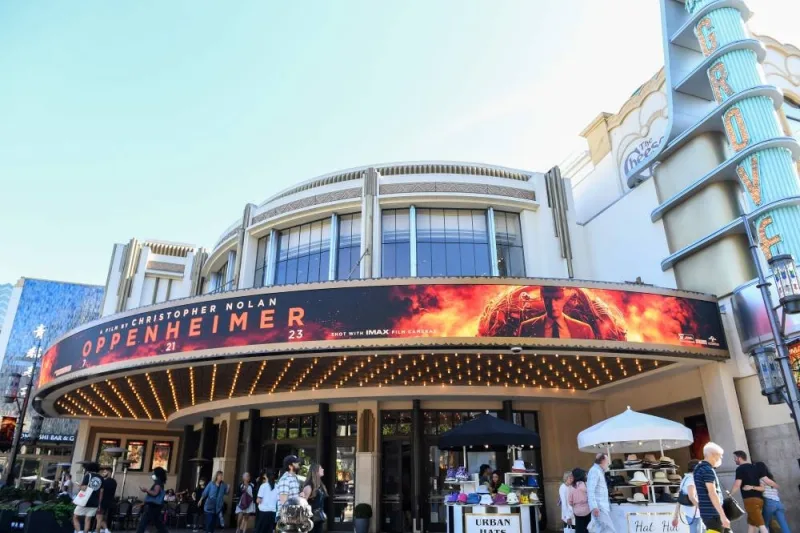 Grove&#039;s Theater marquee announcing the opening of "Oppenheimer" movie is pictured in Los Angeles California, on July 20. AFP