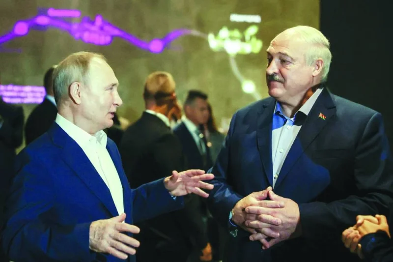 Russian President Vladimir Putin (left) and Belarus’ President Alexander Lukashenko  visit Museum of Naval Glory during a visit to Kronstadt, on Kotlin Island, outside Saint Petersburg. (AFP)
