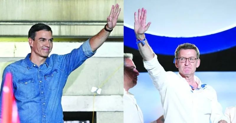 
Spanish Prime Minister and Socialist Party (PSOE) candidate for re-election Pedro Sanchez (left) and leader and candidate of conservative Partido Popular (People’s Party) Alberto Nunez Feijoo waving at their headquarters in Madrid after Spain’s general election. (AFP) 