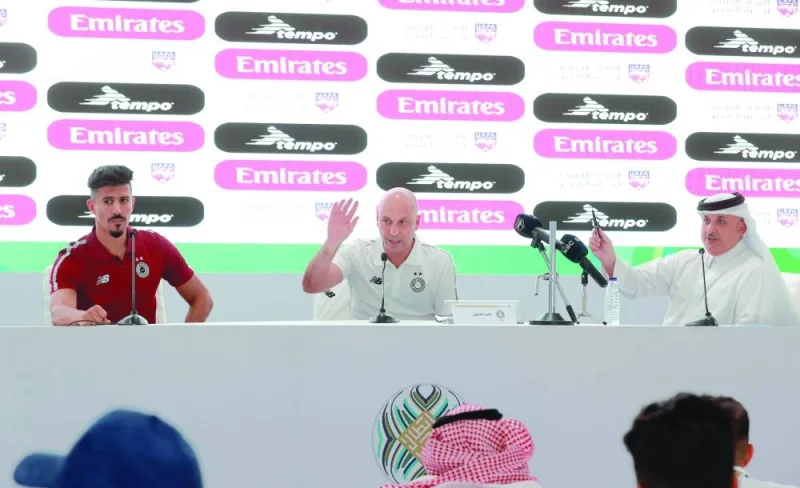 Al Sadd head coach Bruno Pinheiro (right) and striker Baghdad Bounedjah addressing the media on Wednesday, on the eve of their King Salman Club Cup Group ‘B’ opener against Wydad in Abha, Saudi Arabia.