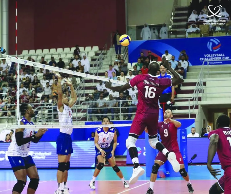 Qatar’s Ibrahim Mohamed goes for a smash during the FIVB Volleyball Men’s Challenger Cup quarter-final against Thailand at the Aspire Sports Hall in Doha on Friday.