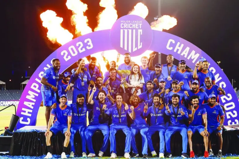 
Team players of MI New York who won the first-ever Major League Cricket (MLC) title. MI New York beat Seattle Orcas by 7 wickets at Grand Prairie Stadium, Dallas. (@MLCricket) 