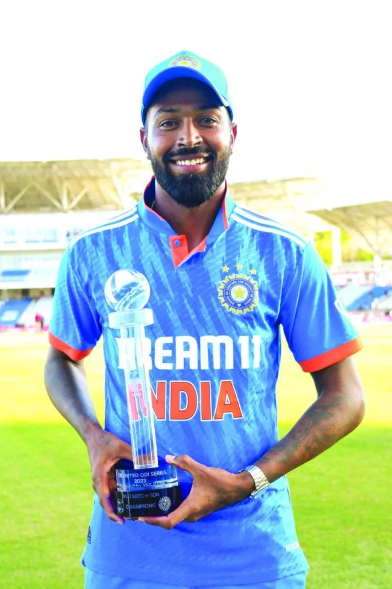 
Hardik Pandya of India poses with the trophy at Brian Lara Cricket Academy in Tarouba, Trinidad and Tobago, on Tuesday. (AFP) 