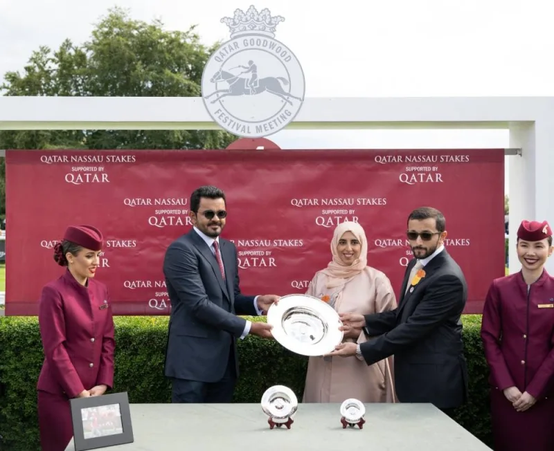 HE Sheikh Joaan bin Hamad al-Thani, President of Qatar Olympic Committee, presented the trophy to connections of Shadwell’s Al Husn, which won the Group 1 Qatar Nassau Stakes on the third day of the Qatar Goodwood Festival at the Goodwood Racecourse in UK yesterday. PICTURE: Dominic James