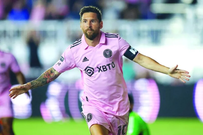 
Lionel Messi of Inter Miami CF celebrates after scoring a goal in the first half during the Leagues Cup 2023 match against Orlando City SC at DRV PNK Stadium in Fort Lauderdale, Florida. (AFP) 