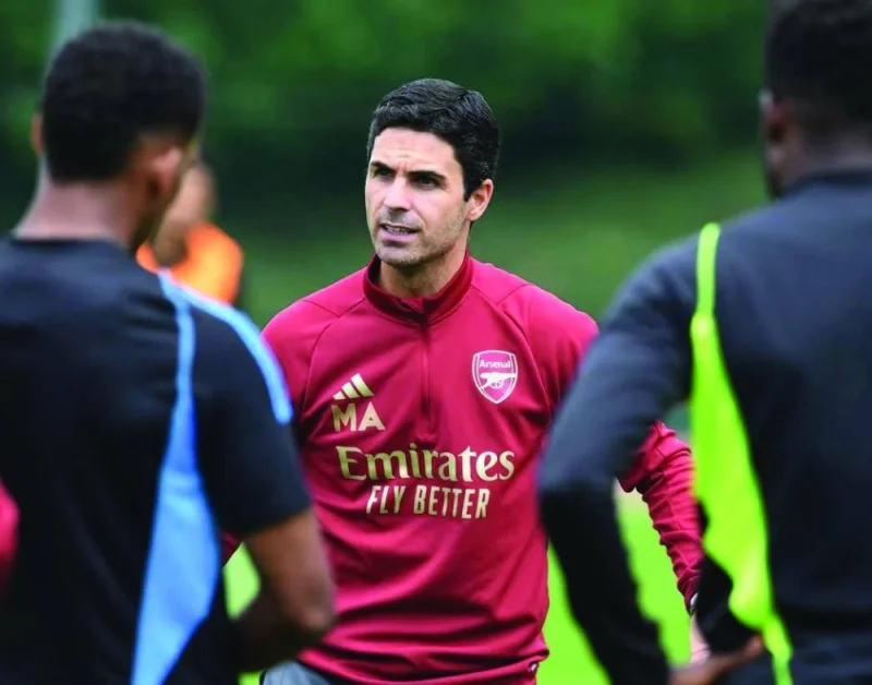 Arsenal manager Mikel Arteta at a training session in London Colney on Friday.