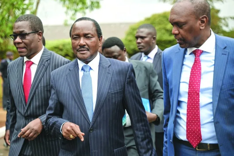 (L-R) James Opiyo Wandayi leader of minority in Parliament, Stephen Kalonzo Musyoka, Wiper party leader and a principle of the Azimio la Umoja Coalition, and Jeremah Kioni, arrive at the venue for the bipartisan talks with Kenya Kwanza members at the Bomas of Kenya in Nairobi on Wednesday.
