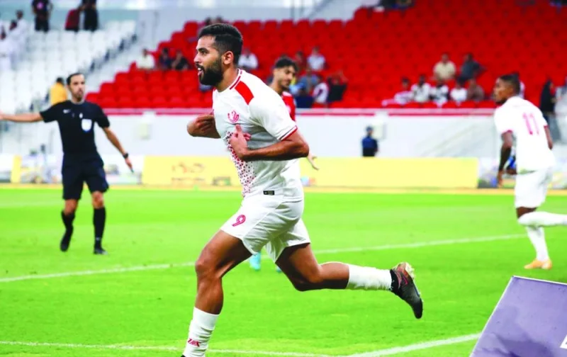 Al Shamal’s Ali Olwan celebrates after scoring against Al Arabi in the Expo Stars League at the Al Thumama Stadium on Wednesday.