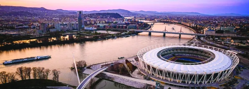 
A bird’s eye view of National Athletics Centre which will host the World Athletics Championships from today until Aug 27 in Budapest, Hungary. The venue is built on the eastern bank of the Danube River on the south side of Budapest. The arena will have an initial capacity of 35,000 for the 2023 championships before being reduced to 15,000. (worldathletics.org) 