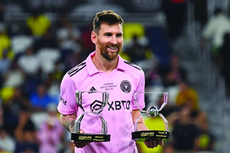 Inter Miami&#039;s Argentine forward Lionel Messi poses with the awards for Best Player and Top Scorer after Inter Milan won the Leagues Cup final against Nashville SC at Geodis Park in Nashville, Tennessee. (AFP)
