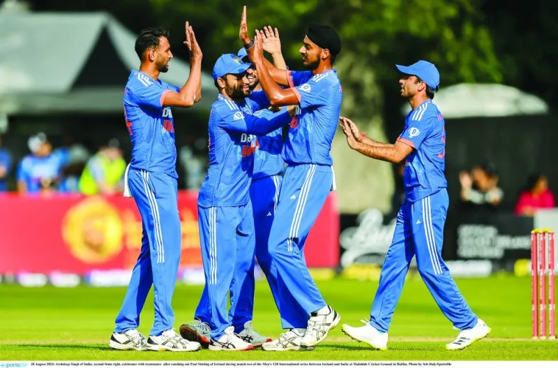 Indian players celebrate the dismissal of an Ireland batter during the second T20I at Malahide, in Dublin, on Sunday. (@BCCI)