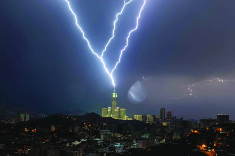 
A picture taken late on Tuesday shows lightning over Makkah’s clock tower in Saudi Arabia. Fierce storms closed schools yesterday in the kingdom’s Makkah region. 