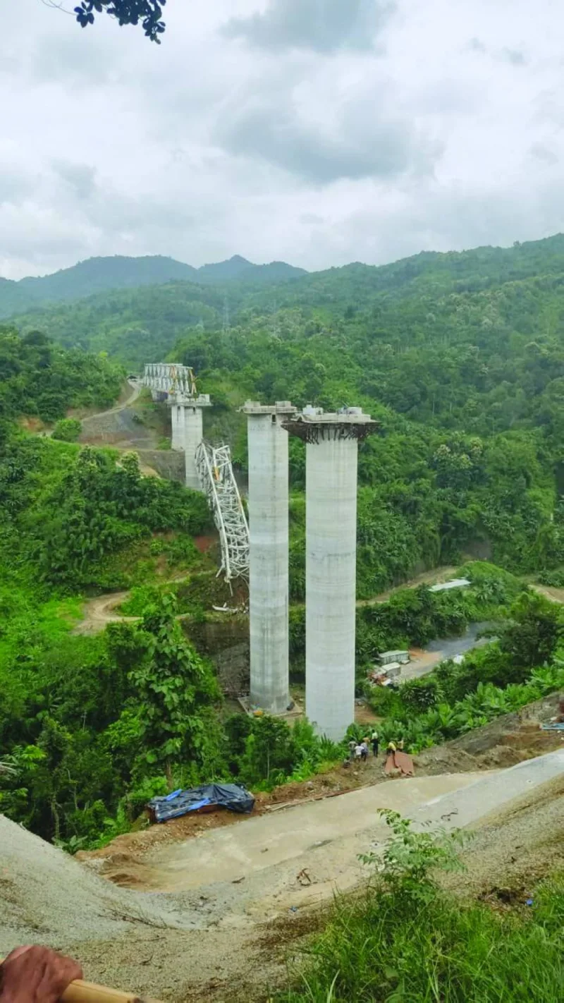 
The collapsed under-construction railway bridge in Sairang, Mizoram. 
