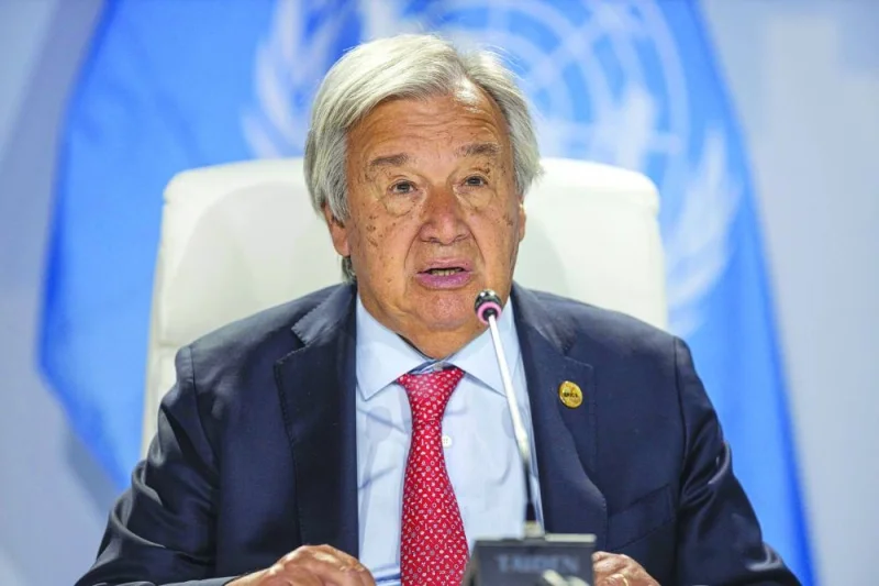 
Secretary-General of the United Nations Antonio Guterres talks at a press conference during the summit at the Sandton Convention Centre in Johannesburg. 