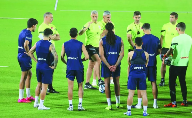 Al Duhail coach Hernan Crespo speaks to his players on Thursday, on the eve of their Expo Stars League match against Muaither.