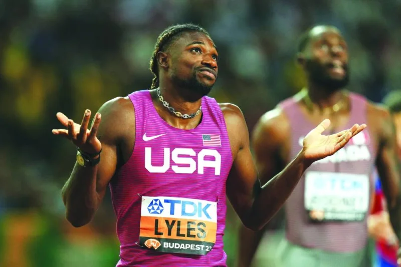 Noah Lyles of the US reacts after winning the 200m semi-final at the World Athletics Championship in Budapest on Thursday. (Reuters)