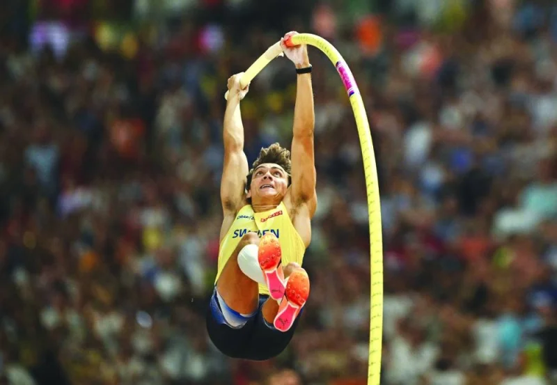 Sweden’s Armand Duplantis in action during the pole vault final in Budapest on Saturday. (Reuters)