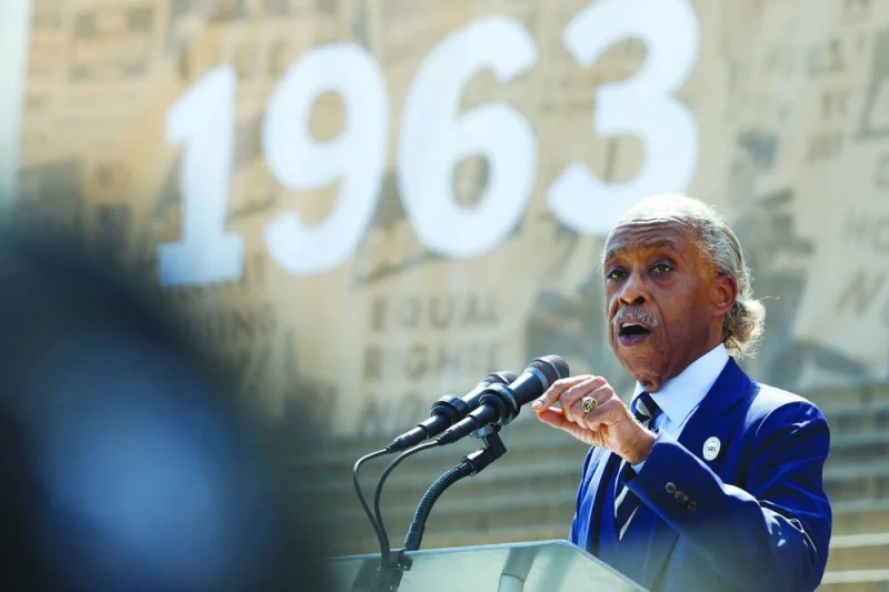 
Reverend Al Sharpton speaks as demonstrators for racial justice gather on the 60th anniversary of the ‘March On Washington’ and Martin Luther King Jr’s historic ‘I Have a Dream’ speech at the Lincoln Memorial, in Washington, DC. 