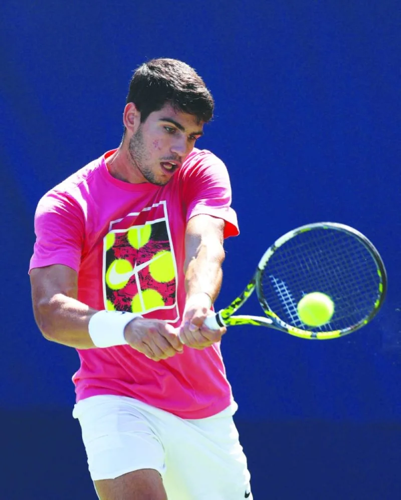 Carlos Alcaraz of Spain plays a backhand during a practice session ahead of the US Open in New York City. (AFP)
