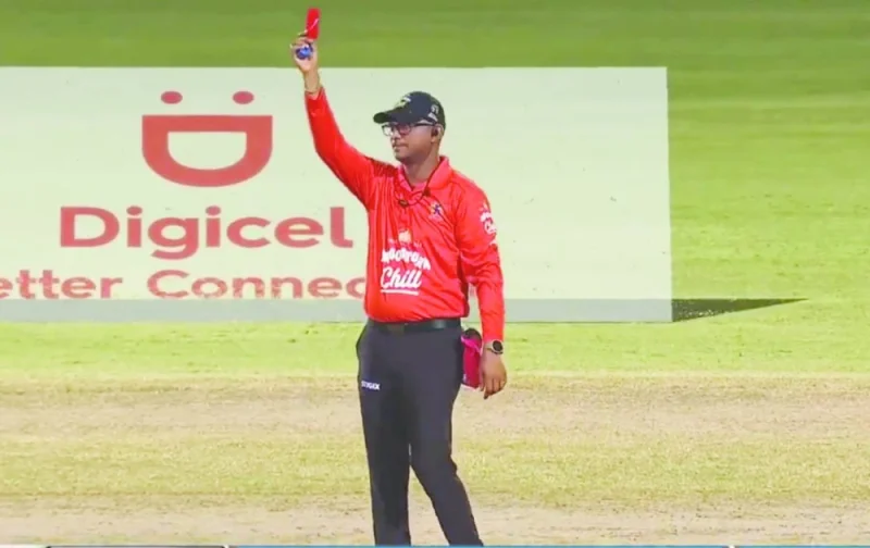 
This screengrab shows umpire Zahid Bassarath flashes the red card to Sunil Narine of Trinbago Knight Riders during a Caribbean Premier League (CPL) clash against St Kitts And Nevis Patriots at Basseterre on Sunday. 