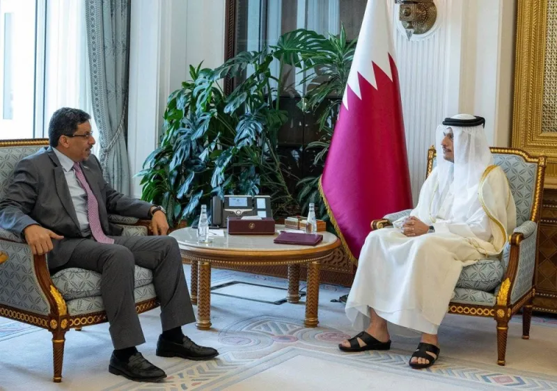 HE the Prime Minister and Minister of Foreign Affairs Sheikh Mohamed bin Abdulrahman bin Jassim al-Thani meets with Minister of Foreign Affairs and Expatriate of the Republic of Yemen Dr Ahmad Awad bin Mubarak.