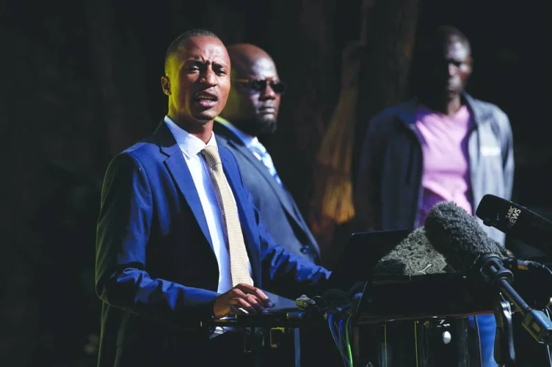 Deputy spokesperson for Zimbabwe’s main opposition party Citizens Coalition for Change (CCC) Ostallos Siziba speaks at a press conference in Harare.