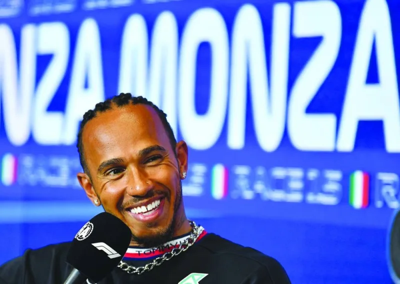 Mercedes’ Lewis Hamilton during the press conference at Autodromo Nazionale Monza in Italy on Thursday. (Reuters)