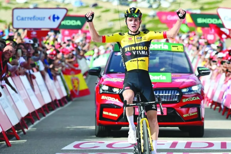 Team Jumbo-Visma’s Sepp Kuss celebrates winning the sixth stage of the 2023 La Vuelta, a 183.1km race from La Vall d’Uixo to Alto de Javalambre, on Thursday. (AFP)
